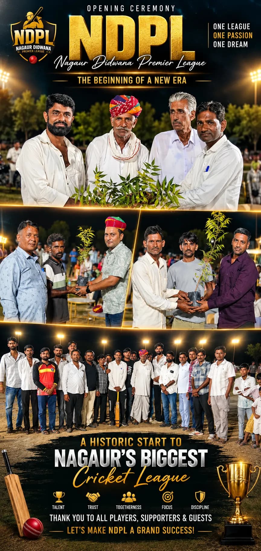 NDPL opening ceremony poster: guests and players at the launch in Riyan